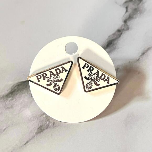 PRADA Triangle Logo Stud Earrings – Pierced, Stamped - White/Silver - Picture 1 of 4